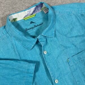 Tommy Bahama Linen Shirt Men's L Blue Button Up Short Sleeve Loop Collar‎ Summer